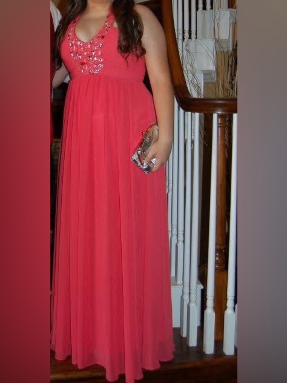 Coral Pink Halter Beaded Evening Dress (Prom, Wedding, Gala) Y2K